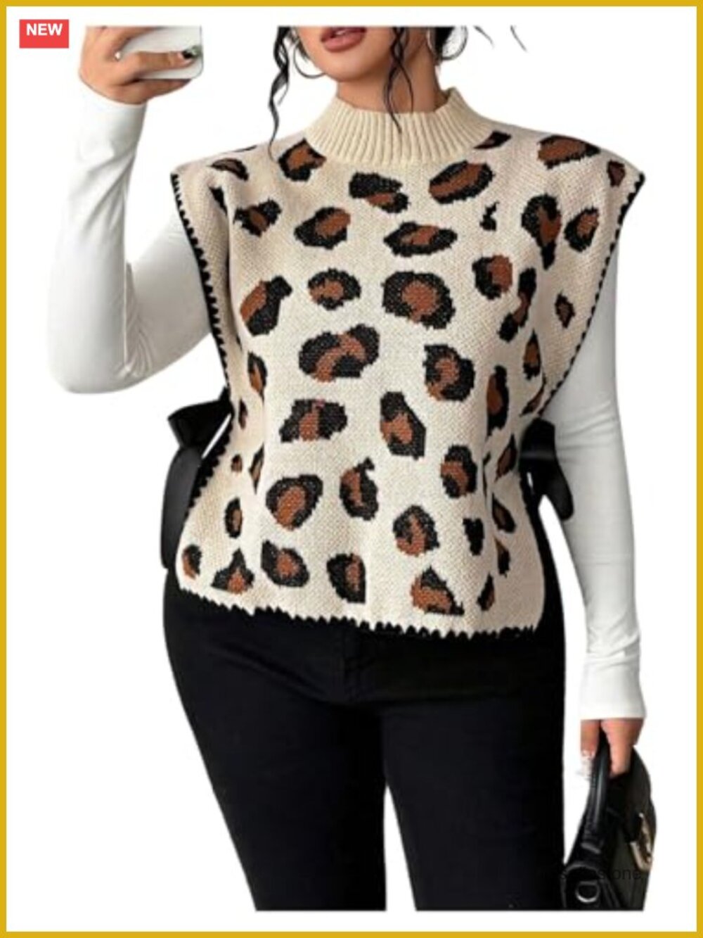 Plus Size Leopard Print Mock Neck Sweater Vest Bow Tie Side Sleeveless Knit Tank